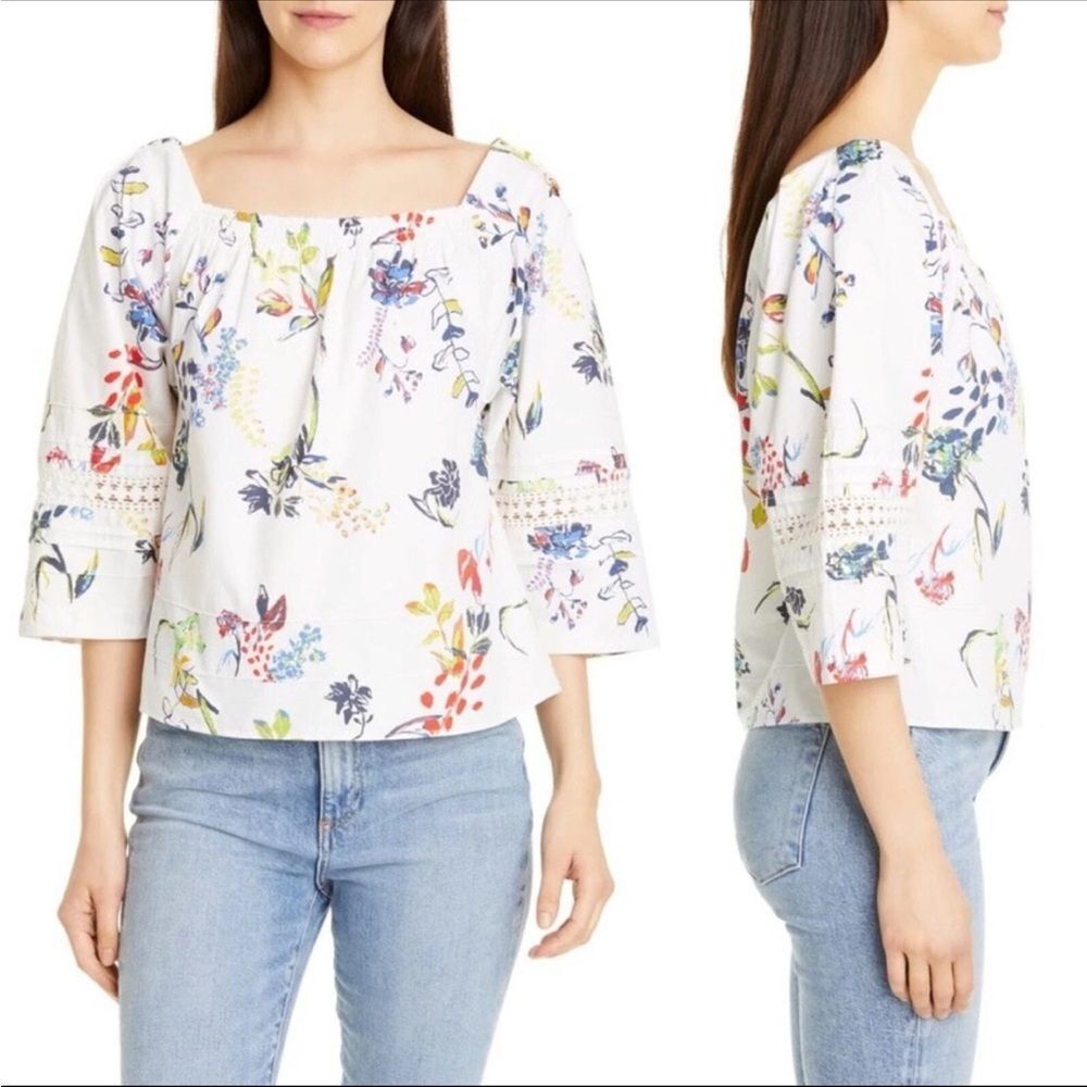 Tanya Taylor Stassi Floral Crochet Cotton Peasant Blouse - Size 8